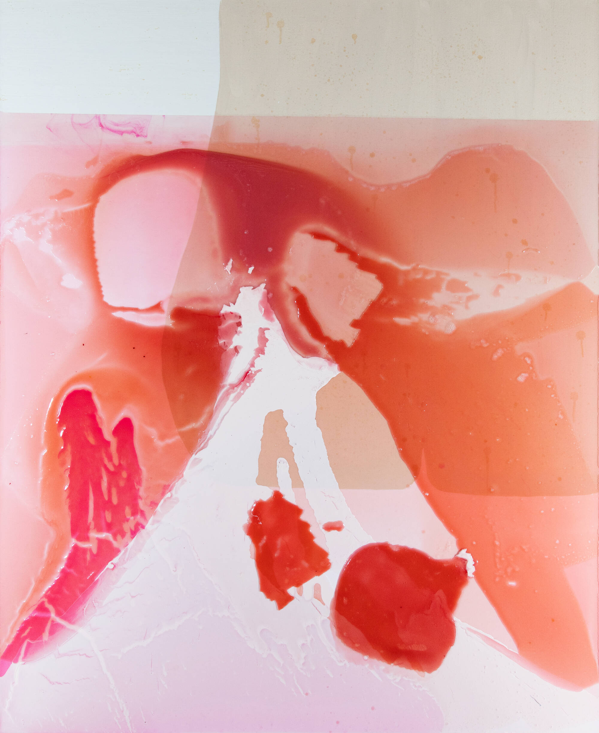 Abstract glossy painting in fleshy shades of pink and cream.